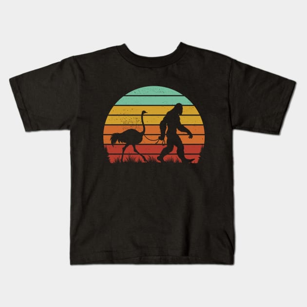 Bigfoot Sasquatch Walking An Ostrich Vintage Sunset Bird Lover Kids T-Shirt by Cuteness Klub